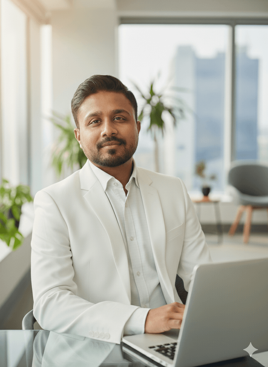 Saurav K Mitra, Founder of Noisiv Consulting, in a white suit seated at a laptop by a large office window